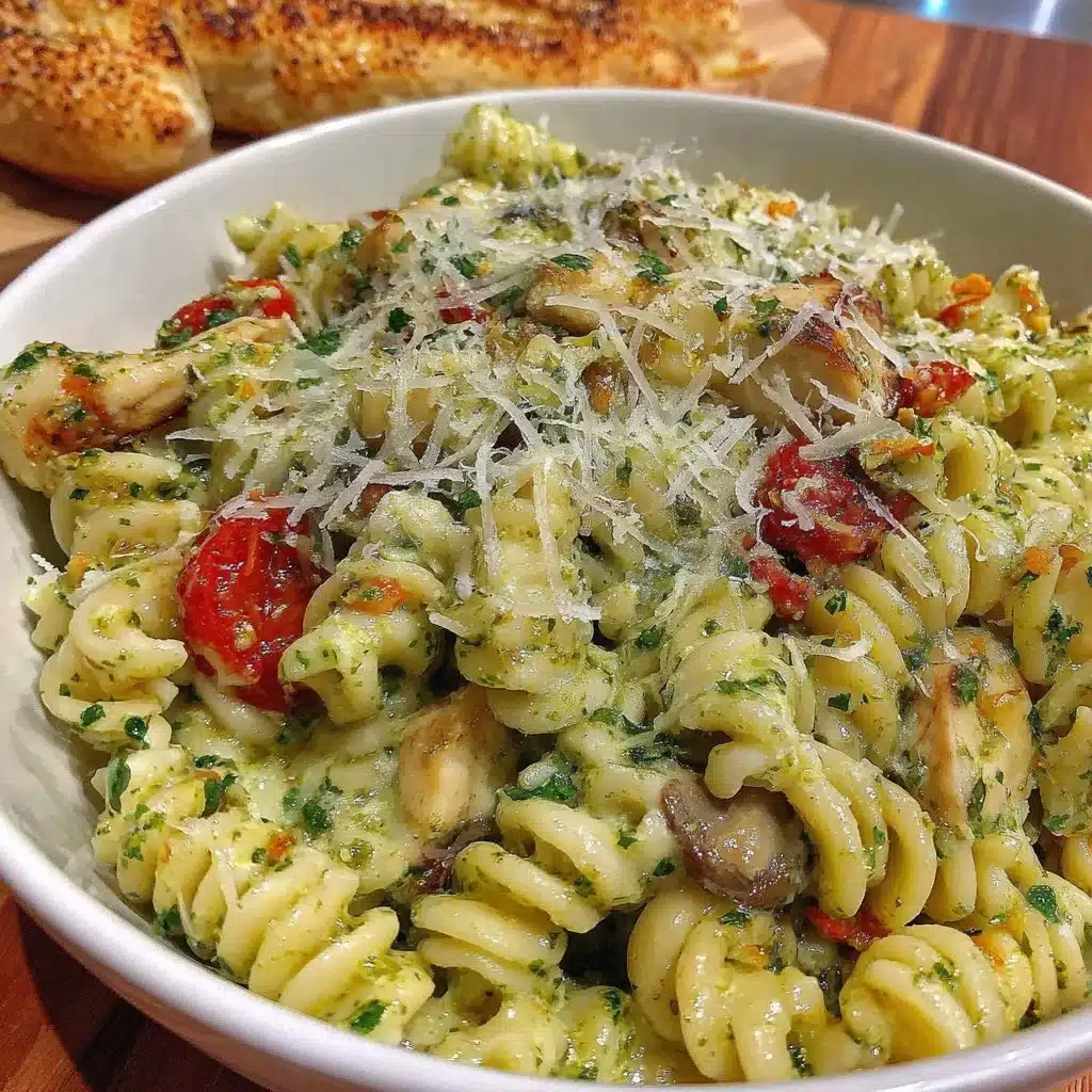 Chicken Pesto Pasta Salad with fresh ingredients and vibrant colors