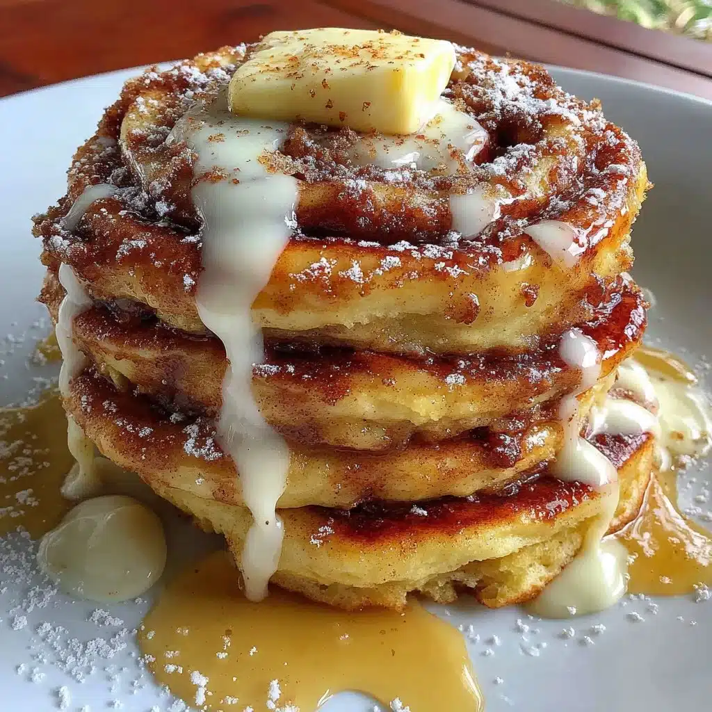 Deliciously stacked cinnamon roll pancakes with icing on top