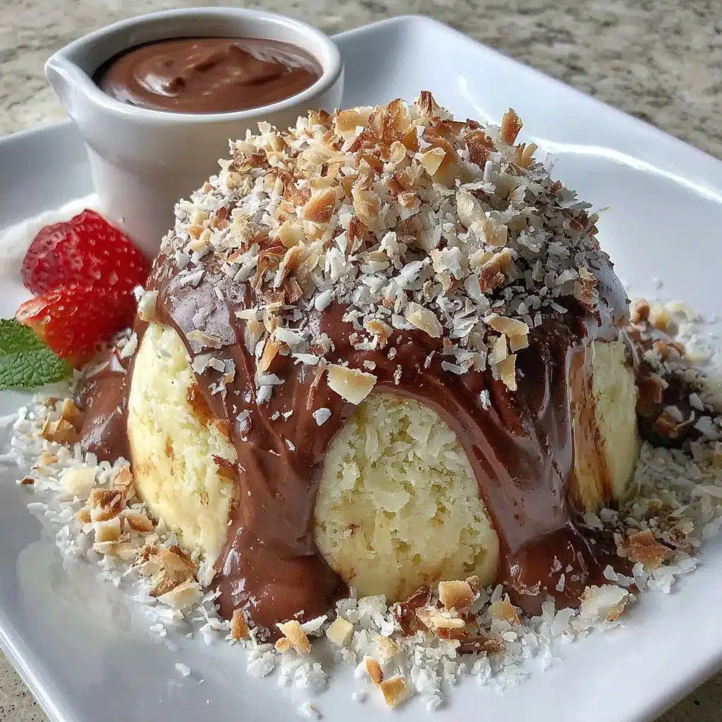 Coconut Dome with rich chocolate spread topping served on a plate