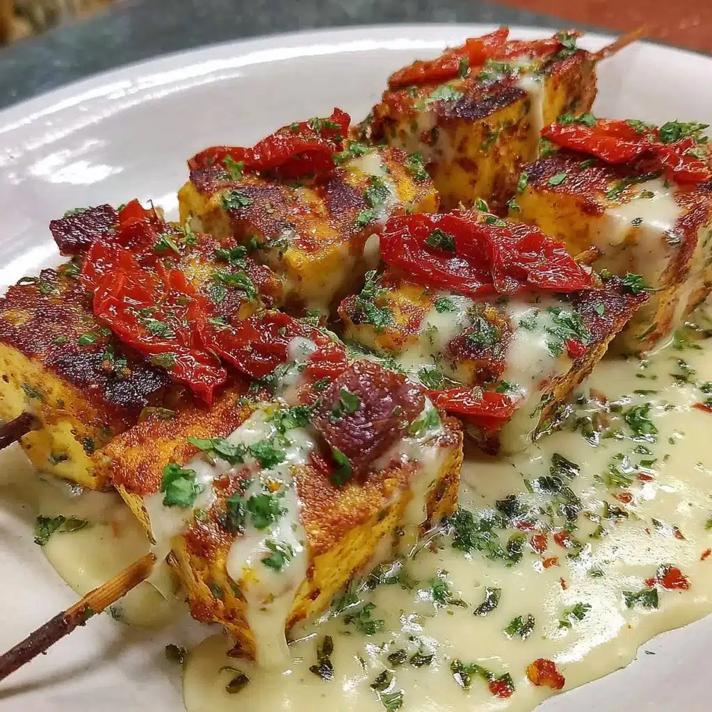 Cottage cheese skewers with fresh vegetables and herbs for a healthy snack.