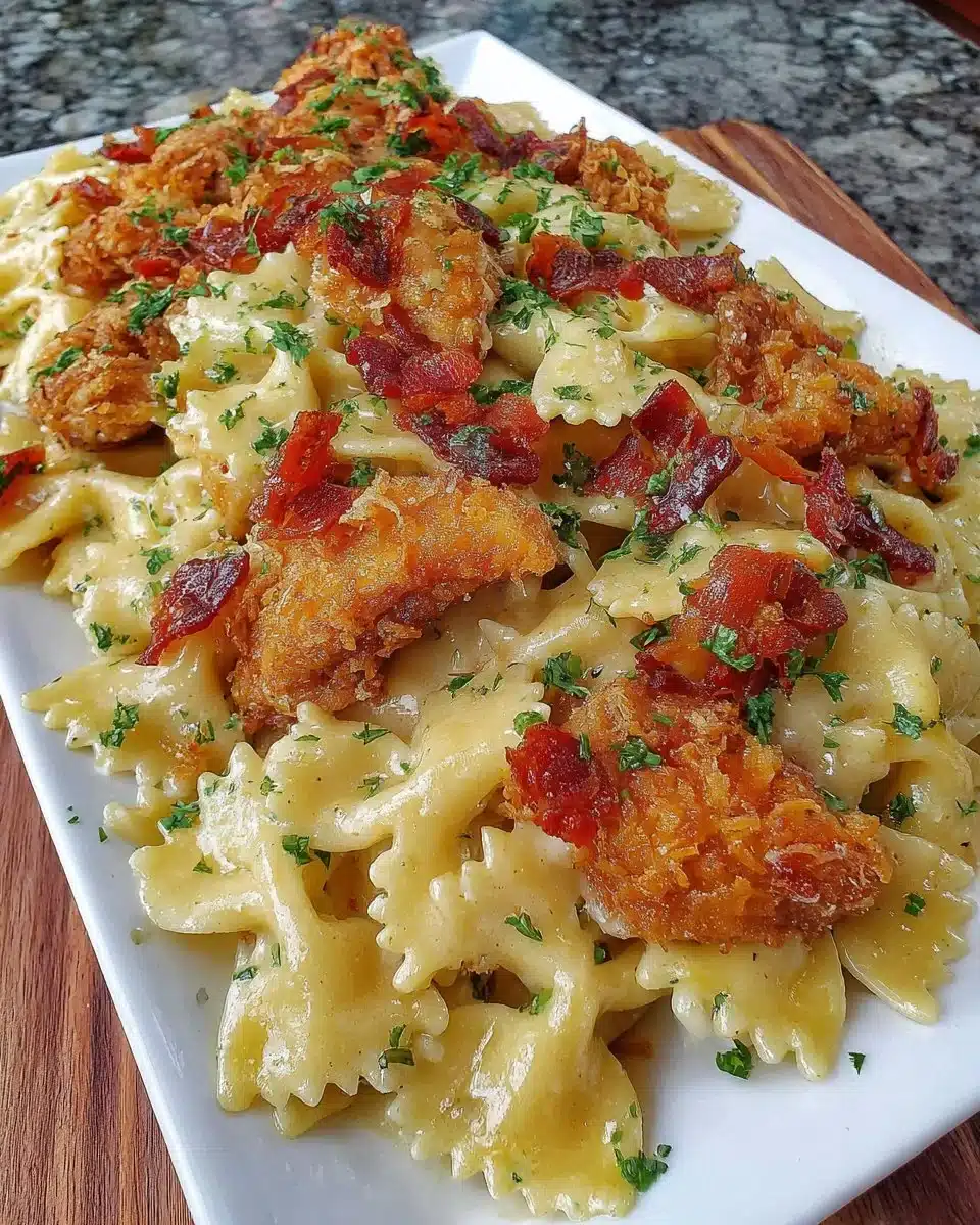 Delicious Cowboy Butter Lemon Bowtie Chicken dish served with fresh herbs.