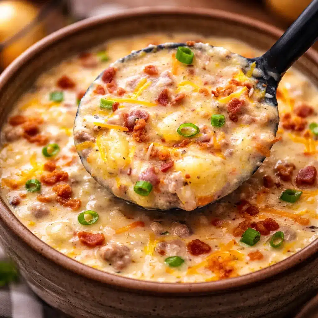 Creamy crockpot cheeseburger soup with ground beef, bacon, and potatoes.