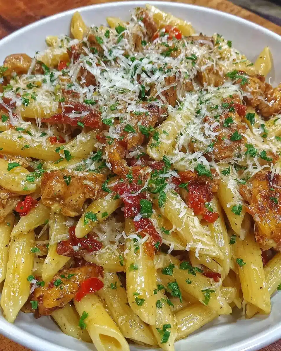 Delicious Crack Chicken Penne Pasta served in a bowl with herbs on top