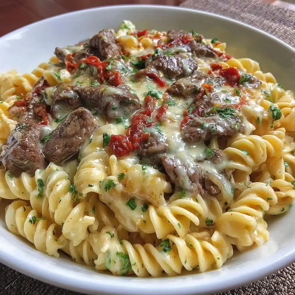 Creamy beef pasta dish with fresh herbs and cheese on top