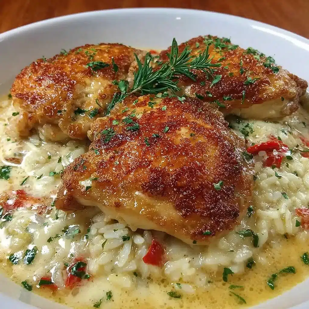 Creamy chicken and rice dish served in a bowl with herbs garnish