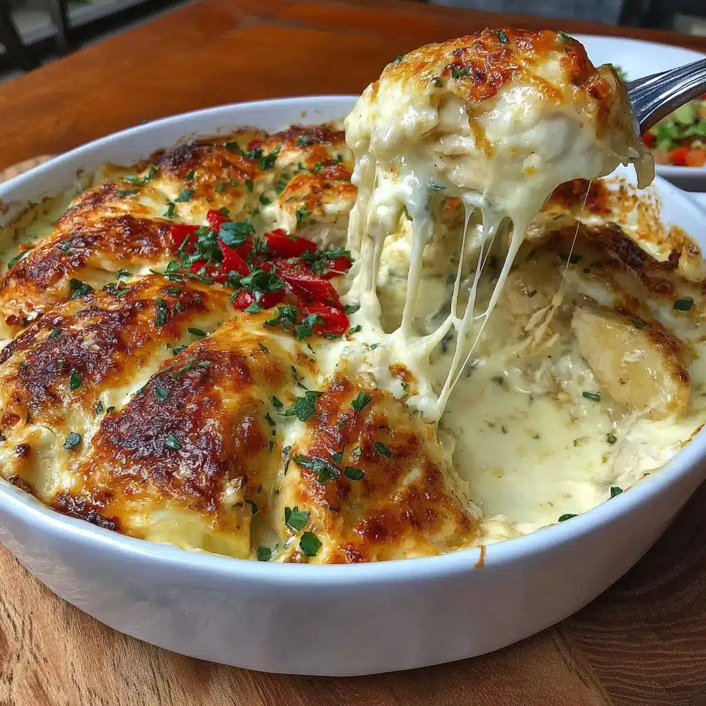 Creamy chicken bake dish served with herbs and cheese