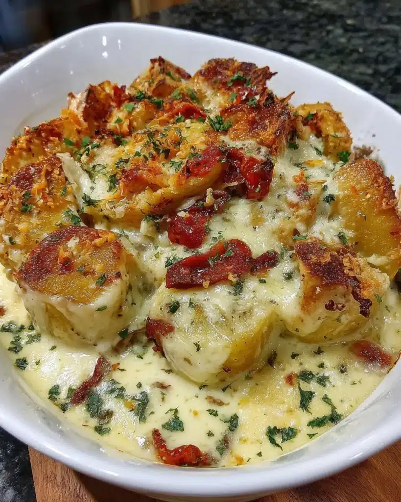 Delicious creamy chicken bake served with vegetables and cheese