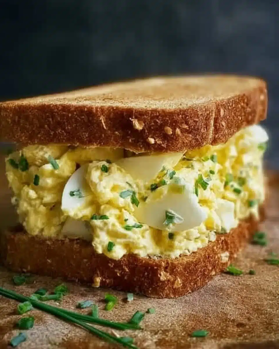 Creamy egg salad sandwich on a plate with fresh herbs