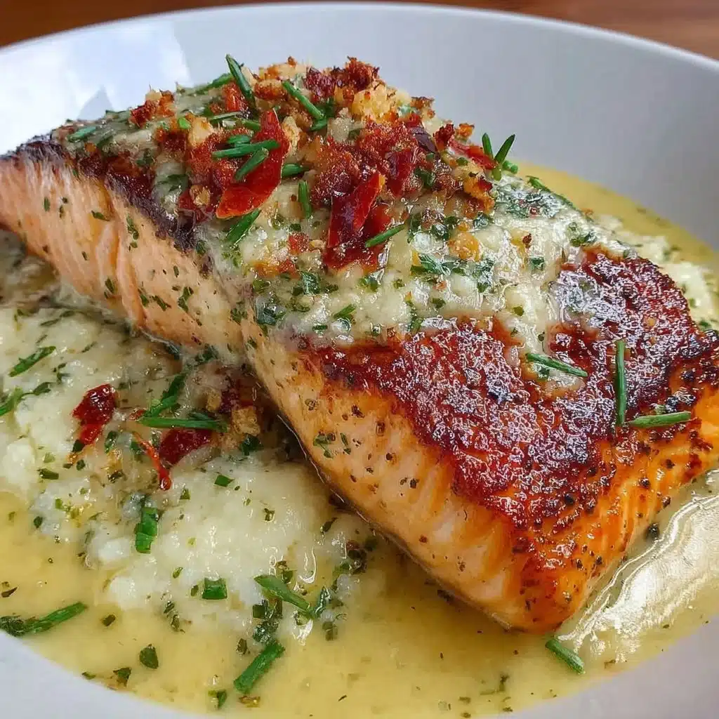 Creamy garlic salmon dish garnished with herbs and served on a plate