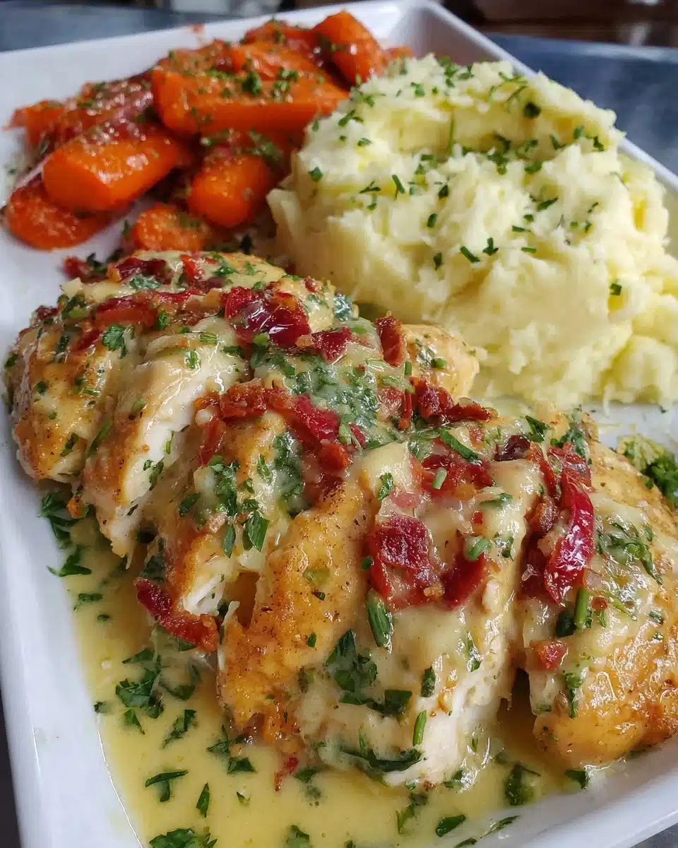 Delicious creamy herb chicken served with mashed potatoes and honey glazed carrots