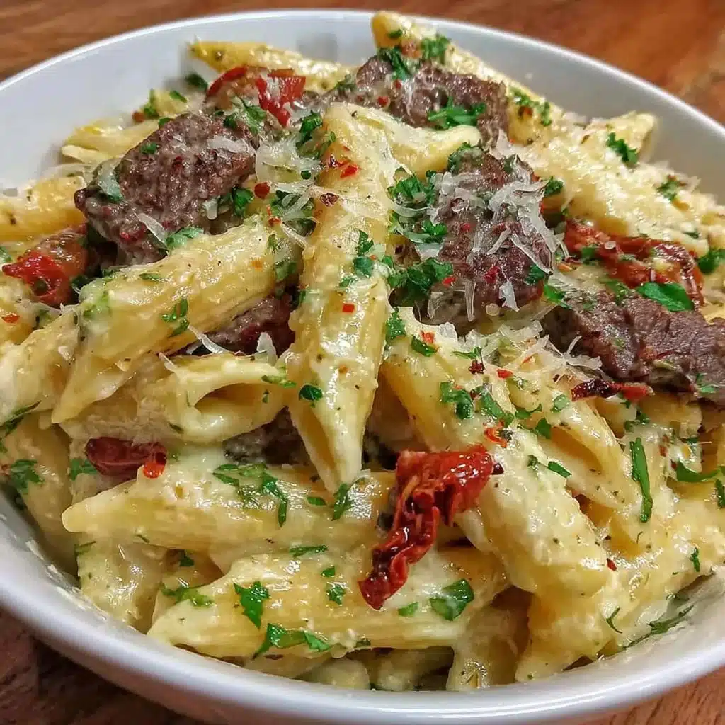 Creamy high protein beef pasta garnished with fresh herbs on a plate