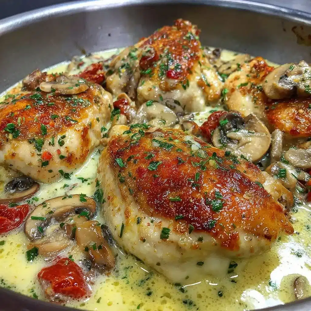 Creamy mushroom chicken dish served on a plate