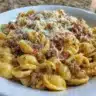 Creamy Rotel pasta with ground beef served in a bowl for dinner