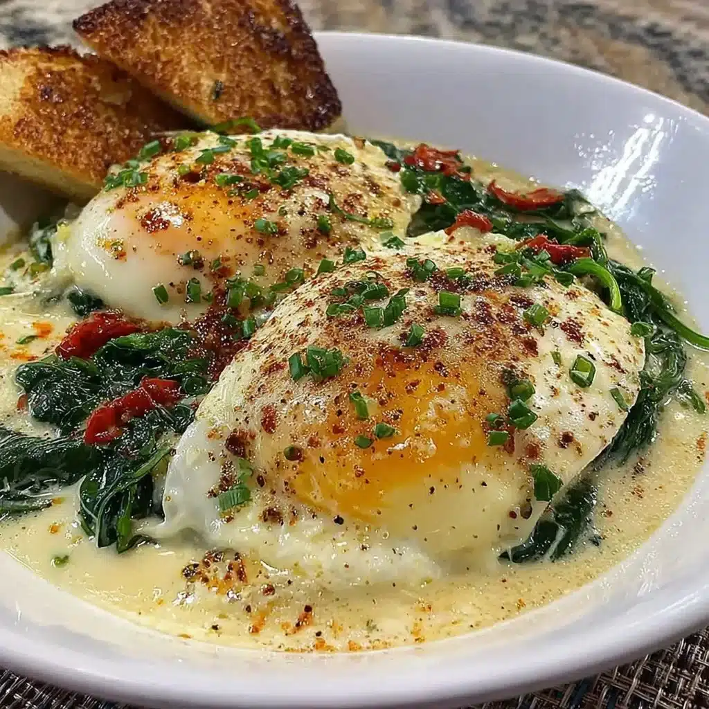 Creamy spinach and eggs recipe topped with herbs in a frying pan.
