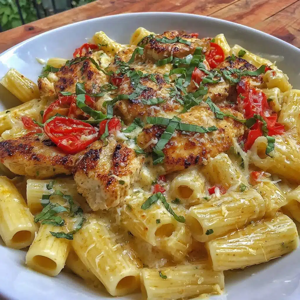 Creamy tomato chicken pasta dish garnished with herbs on a plate
