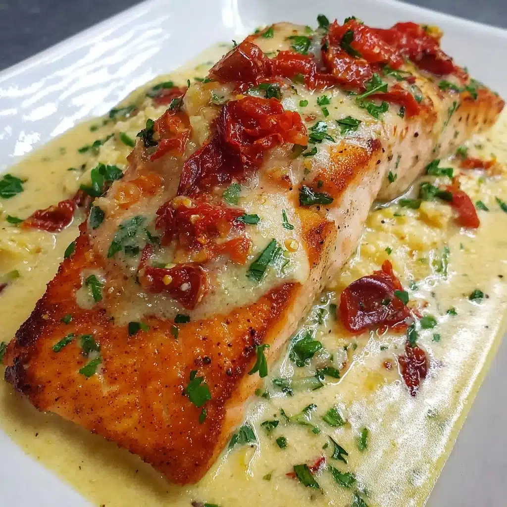 Creamy Tuscan Salmon served with vegetables and herbs on a plate