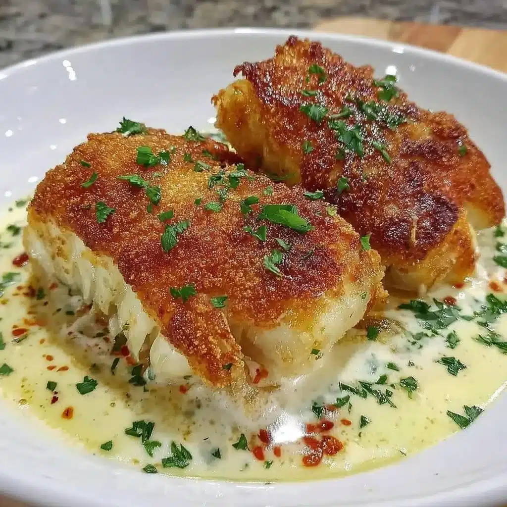 Crispy air fryer flaky fish on a plate with lemon and herbs