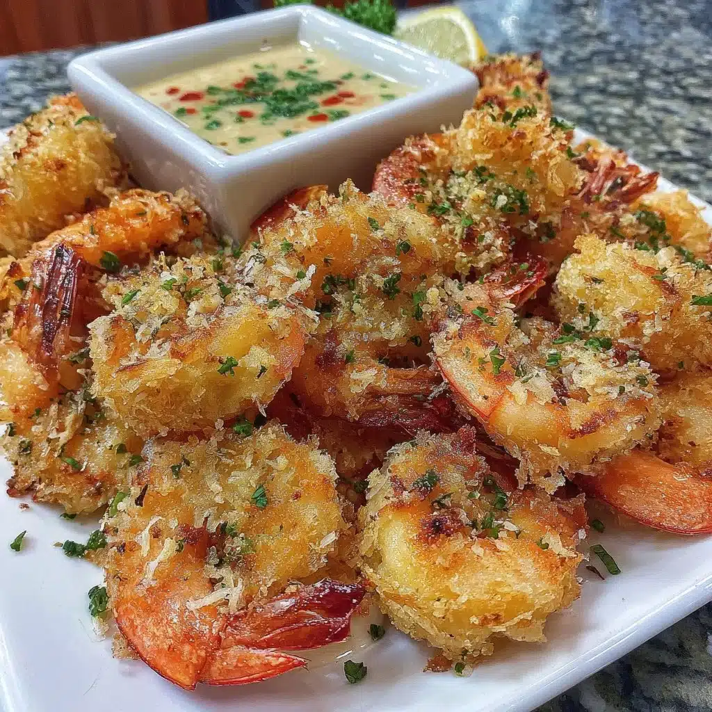 Crispy air fryer shrimp served with dipping sauce on a plate.