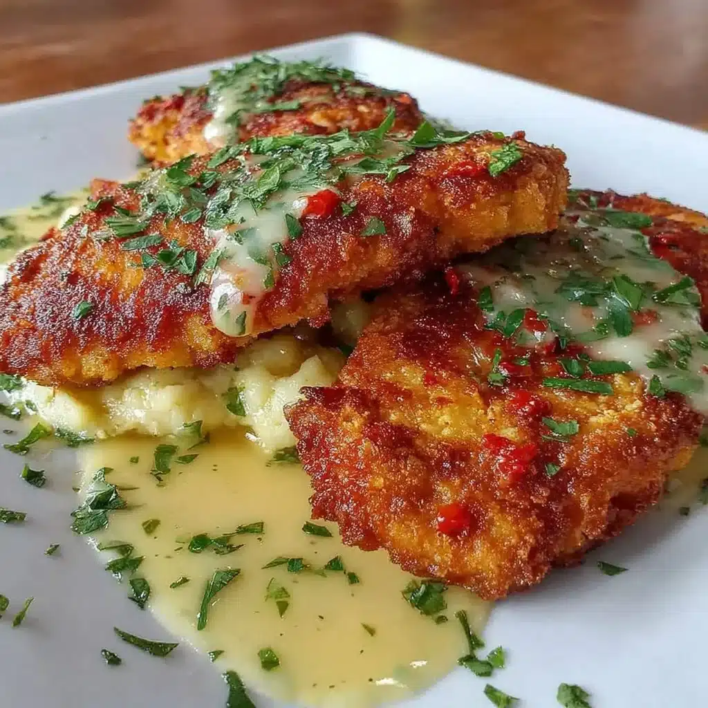 Golden-brown crispy chicken cutlets served on a plate with herbs.