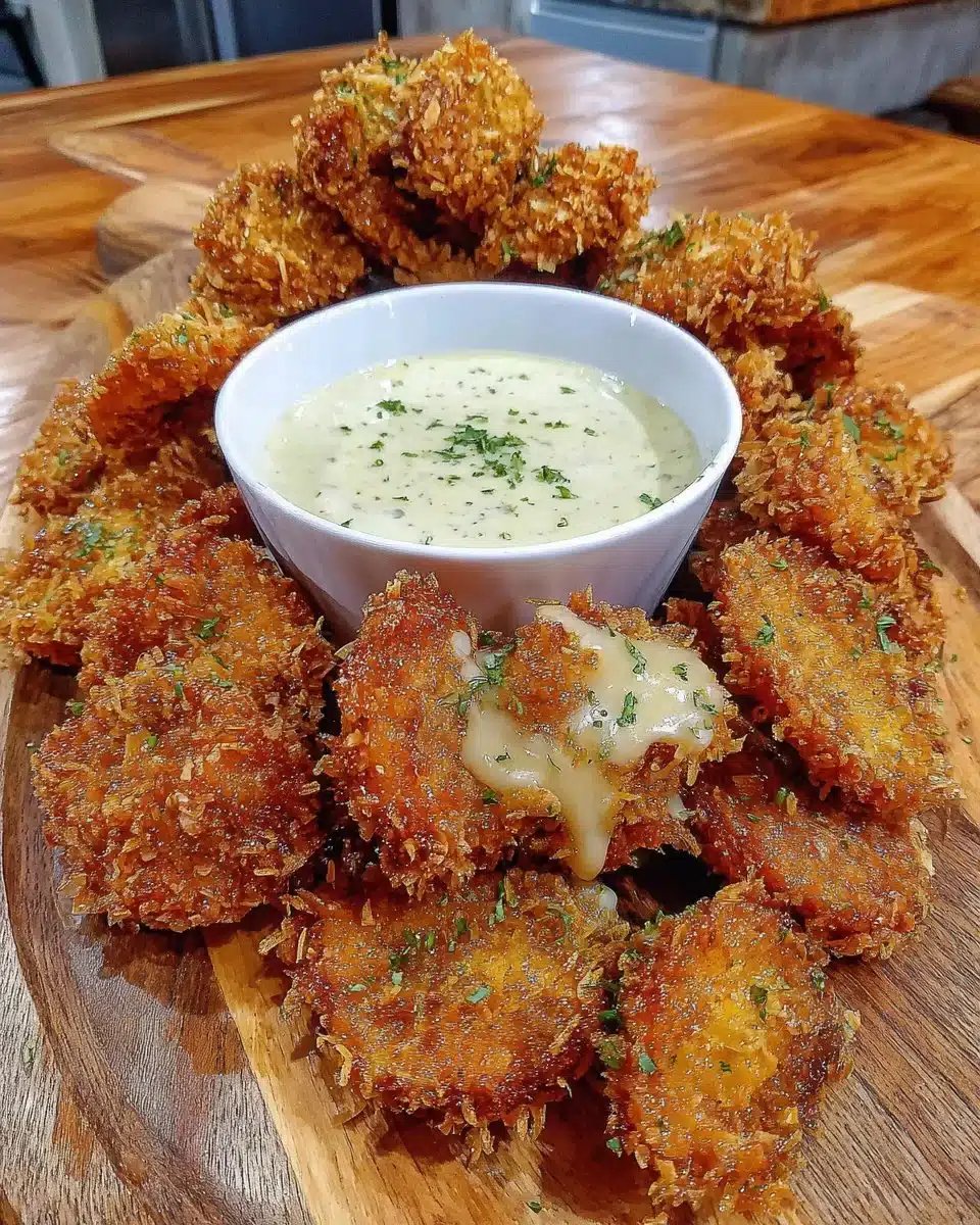 Plate of crispy fried mushrooms with a side of cool ranch dip