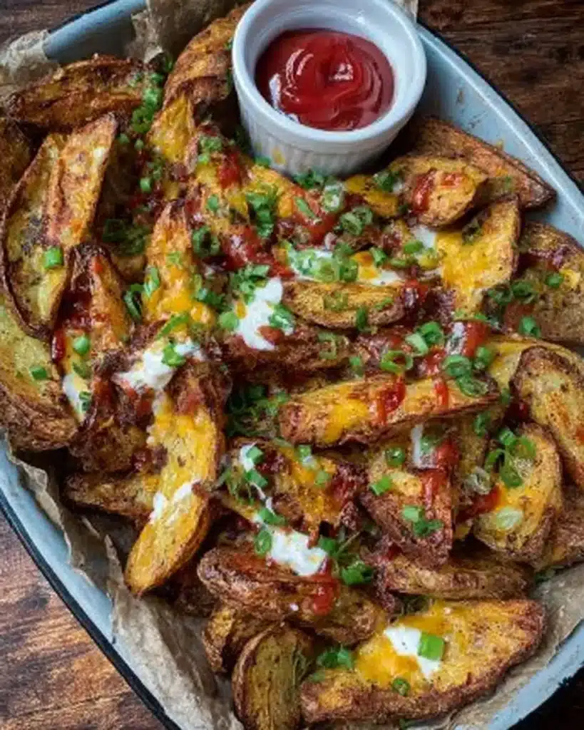 Crispy loaded potato wedges topped with cheese and bacon