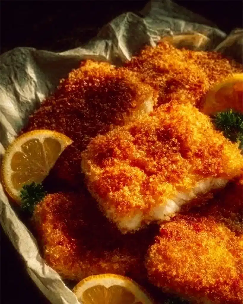 Crispy panko air fryer haddock served with lemon wedges