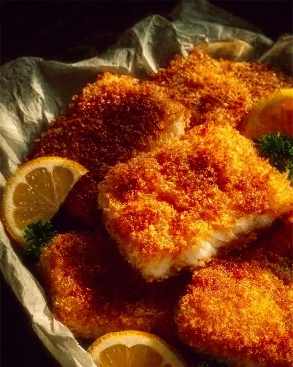 Crispy panko air fryer haddock served with lemon wedges