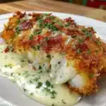 Crispy white fish loin served with garnishes on a plate