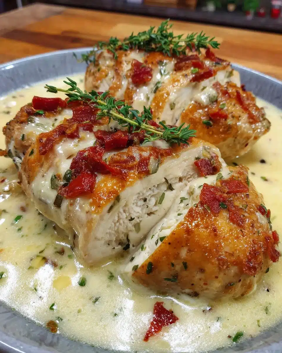 Crock Pot Angel Chicken served with creamy sauce and herbs in a bowl