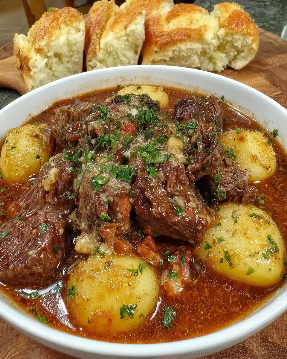 Bowl of Crock Pot Poor Man's Stew with vegetables and meat