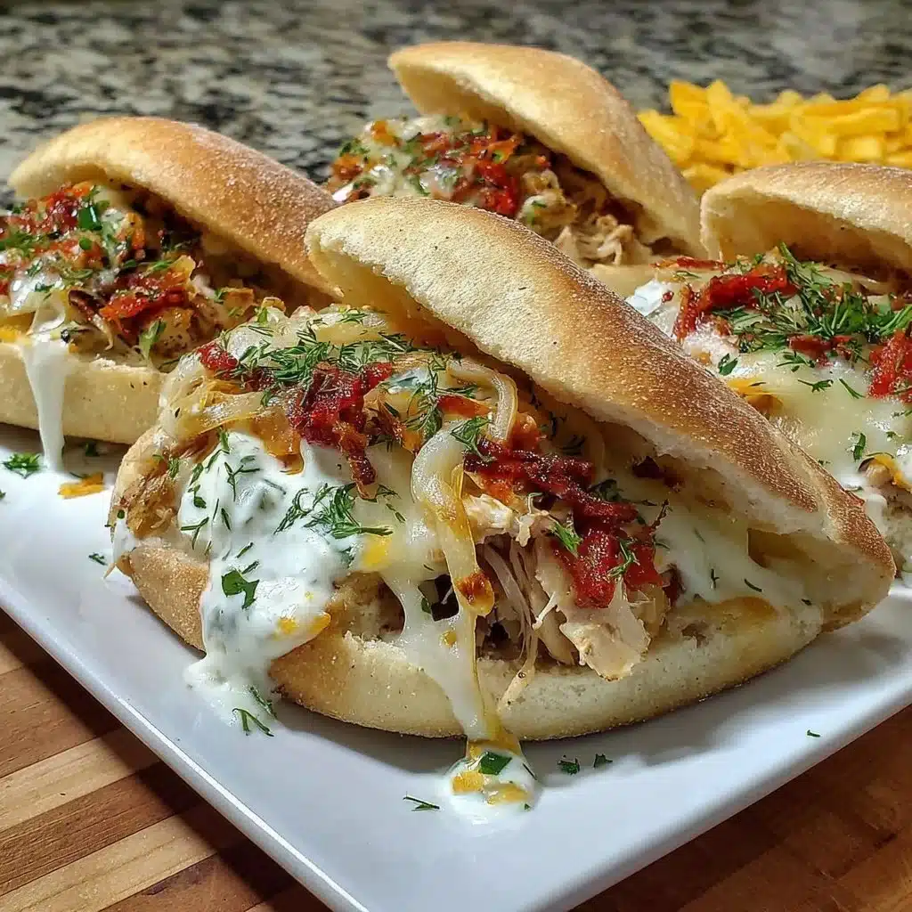 Crockpot Greek Chicken Pitas topped with tzatziki sauce on a plate