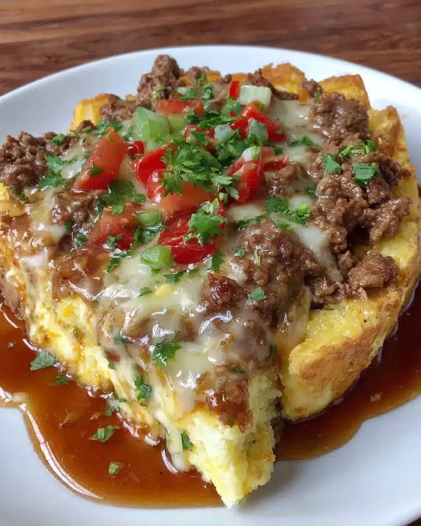 Crockpot Taco Casserole served in a dish with cheese and toppings