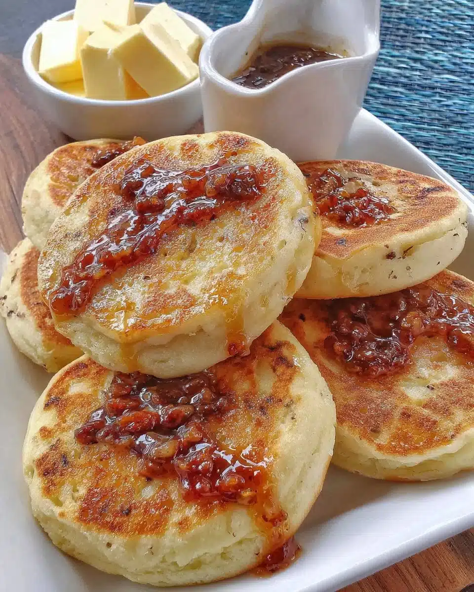 Golden crumpets topped with delicious Marmite ready to be enjoyed