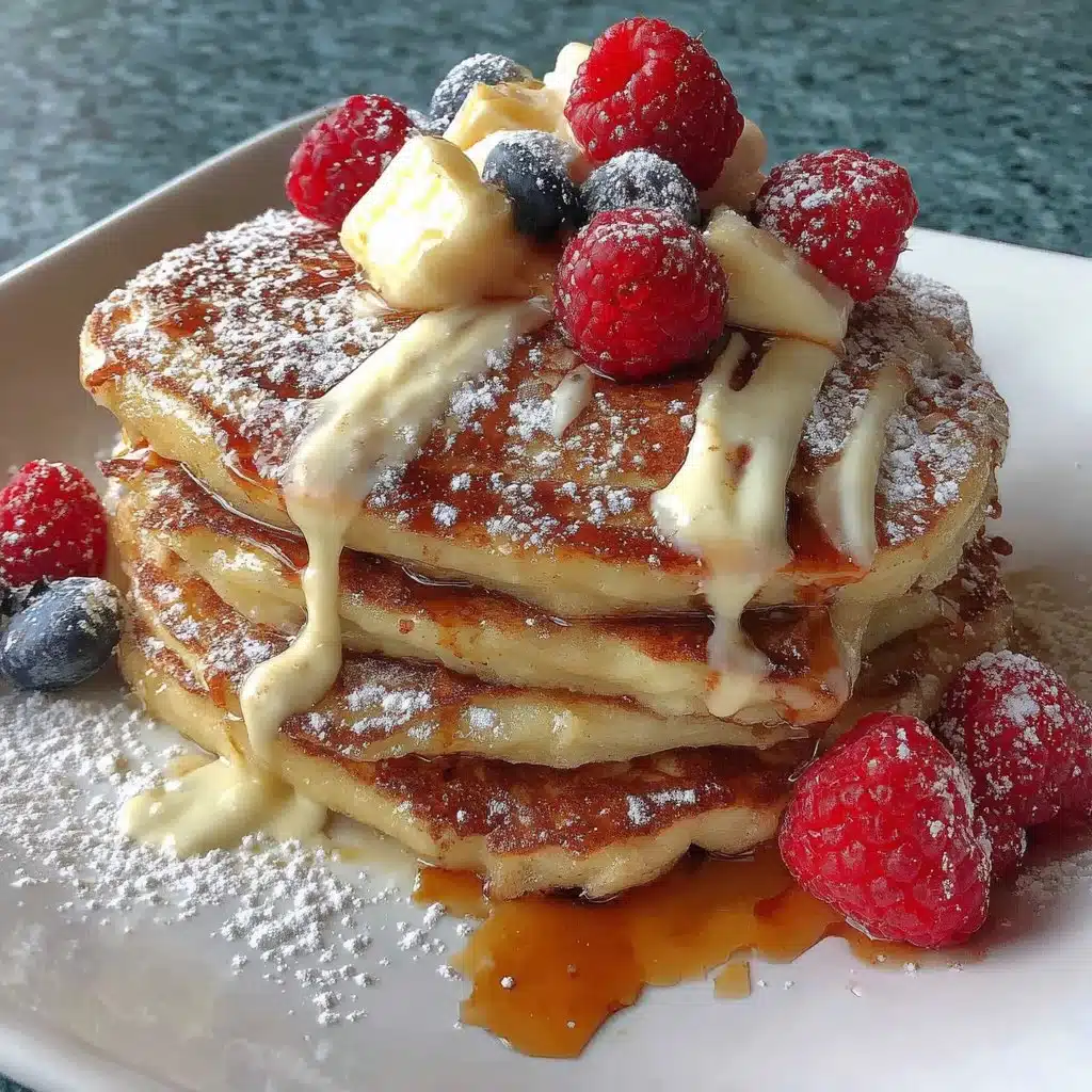 Fluffy and delicious pancakes stacked on a plate with syrup and berries