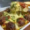 Delicious dump-and-bake meatball casserole served hot with melted cheese