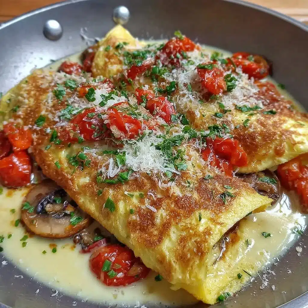 Easiest breakfast omelette with eggs, vegetables, and cheese in a skillet.