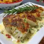 Easy baked cod served with rosemary cream sauce on a plate