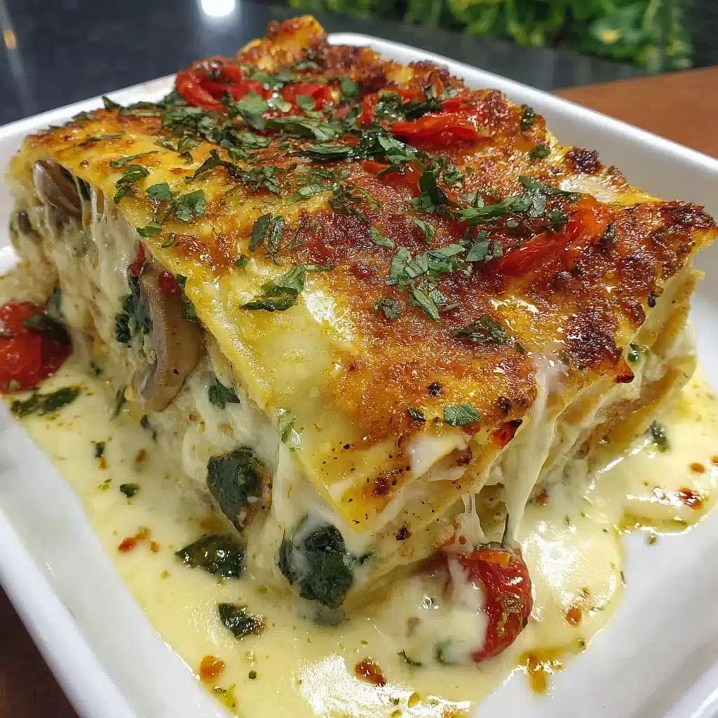 Creamy spinach mushroom lasagna baked until golden and delicious