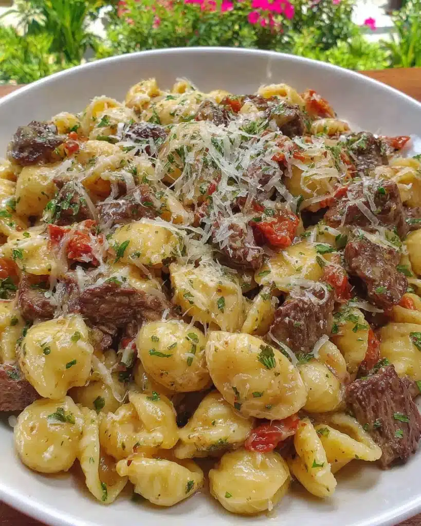 Easy healthier creamy garlic beef pasta dish served in a bowl.