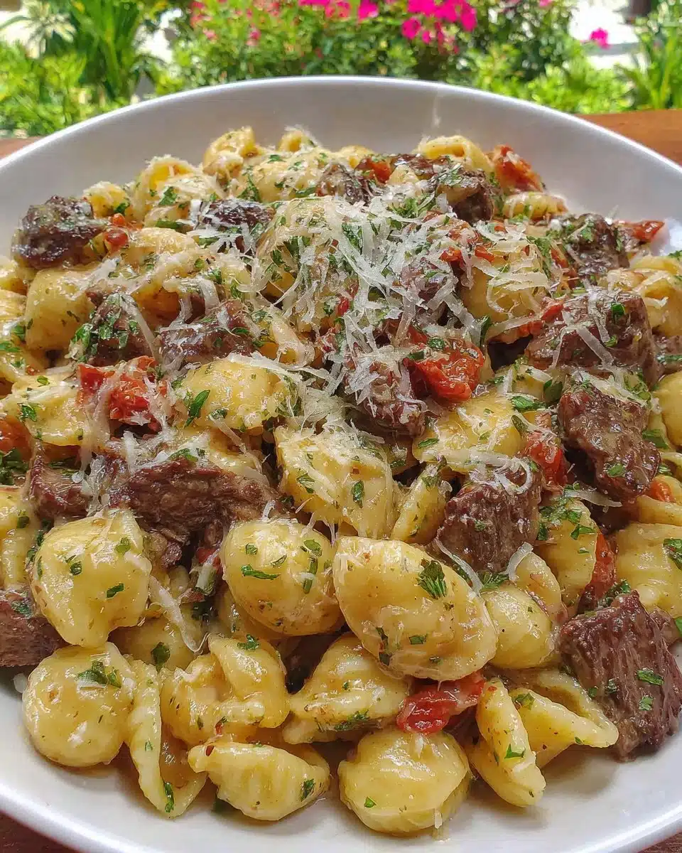 Easy healthier creamy garlic beef pasta dish served in a bowl.
