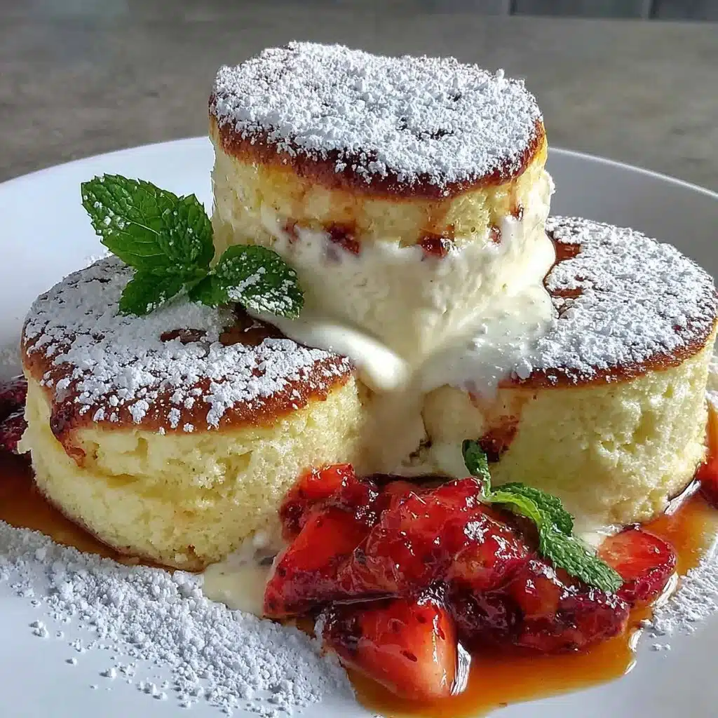 Fluffy Japanese soufflé pancakes stacked high on a plate, topped with syrup and berries.