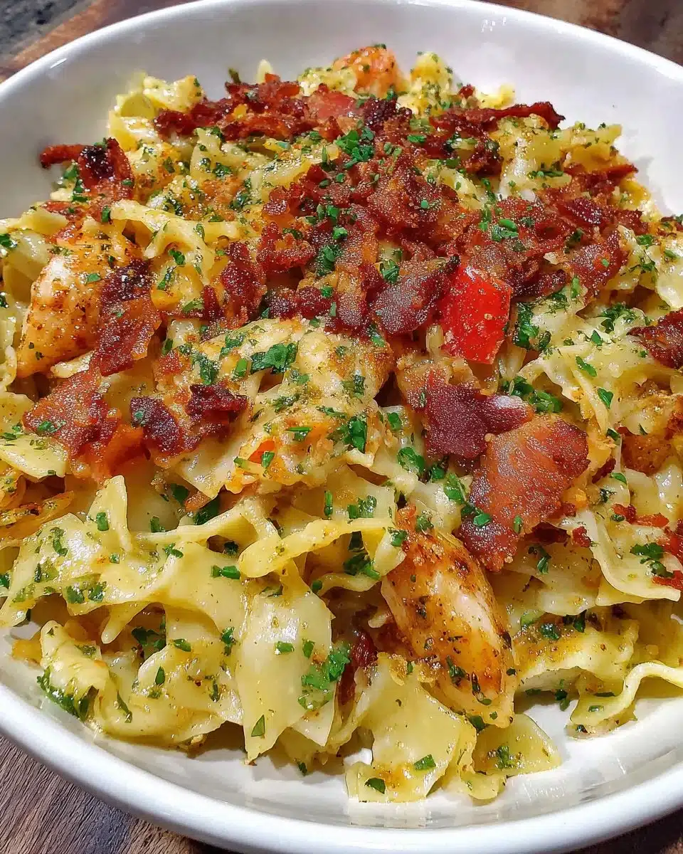 Delicious fried cabbage with bacon, onion, and garlic in a skillet