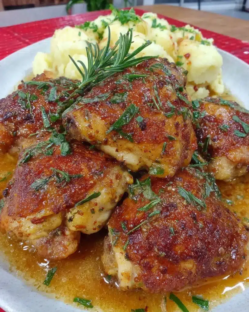 A plate of Garlic Brown Sugar Chicken garnished with herbs, showcasing its savory and sweet flavors.