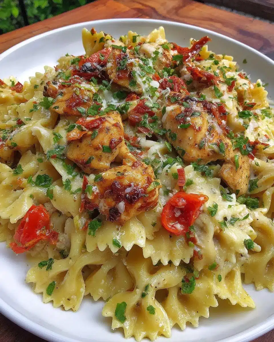 Garlic Butter Chicken served with bowtie pasta, garnished with herbs.