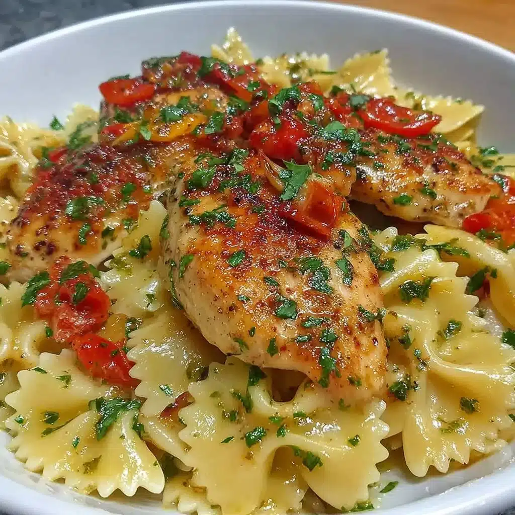 Garlic Butter Chicken served with Bowtie Pasta on a plate