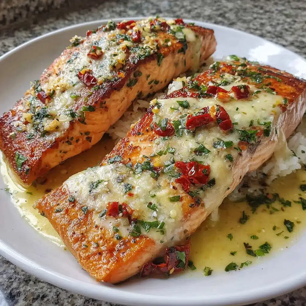 Plate of Garlic Butter Salmon with herbs and lemon garnish.