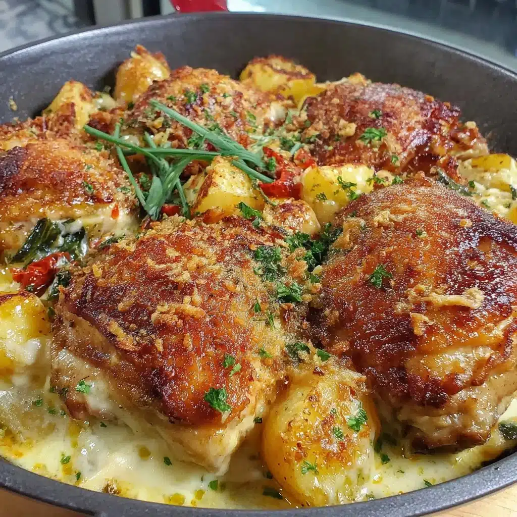 Garlic Parmesan Chicken and Potatoes Skillet served in a cast iron pan