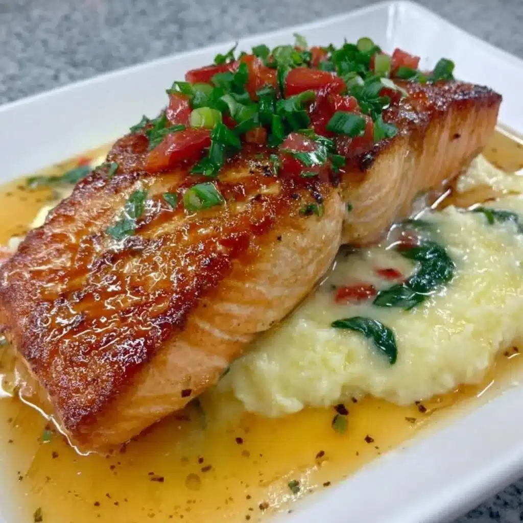 Delicious glazed salmon fillet served on a white plate with garnishes.