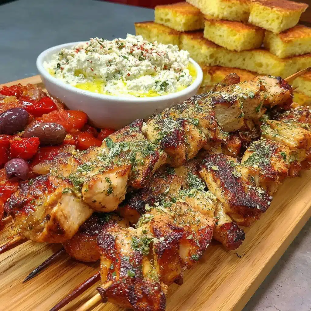 Delicious Greek Chicken Souvlaki Grazing Board with Feta Dip