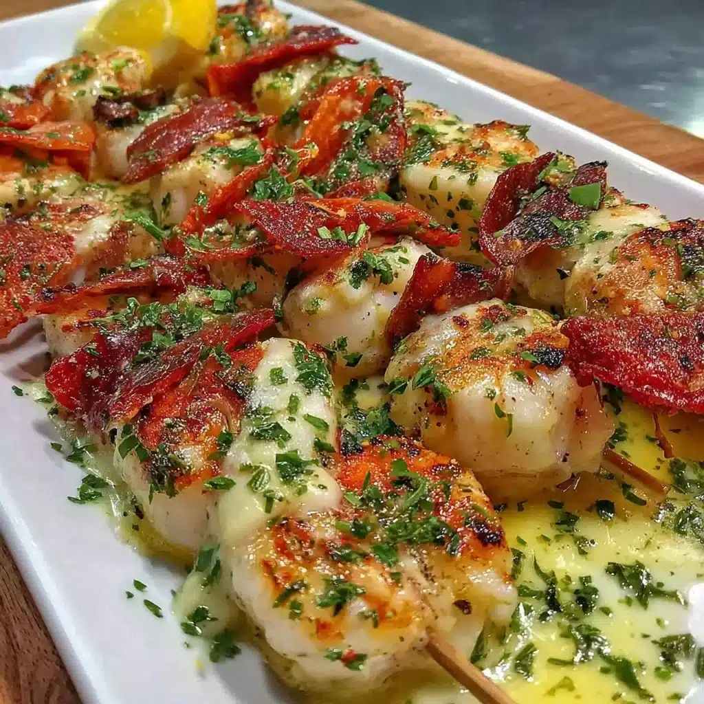 Delicious grilled seafood skewers featuring shrimp and fish on a BBQ grill.